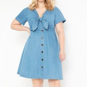 Eloquii Western Boho Blue Denim Chambray Bow Tie Front Dress Women’s Size 14
